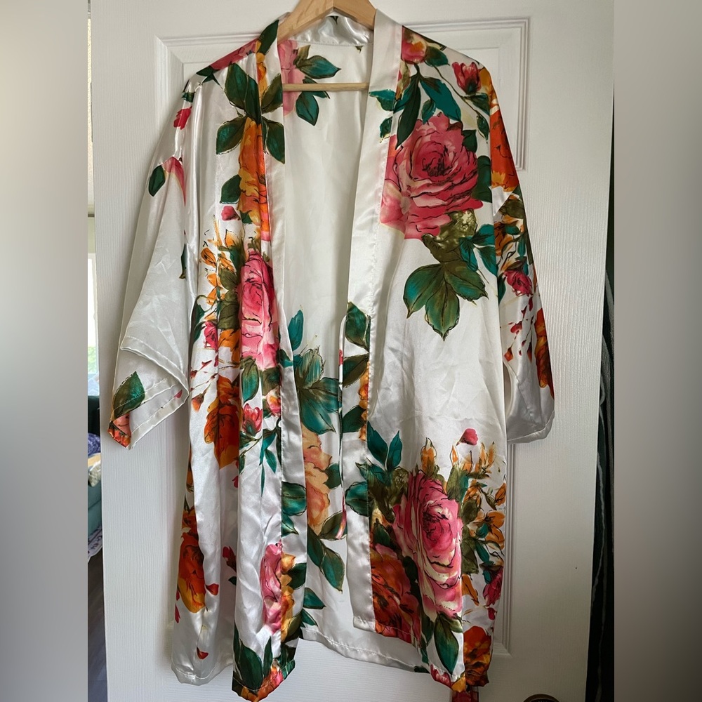 Floral Satin Kimono Jacket - One Size fits most